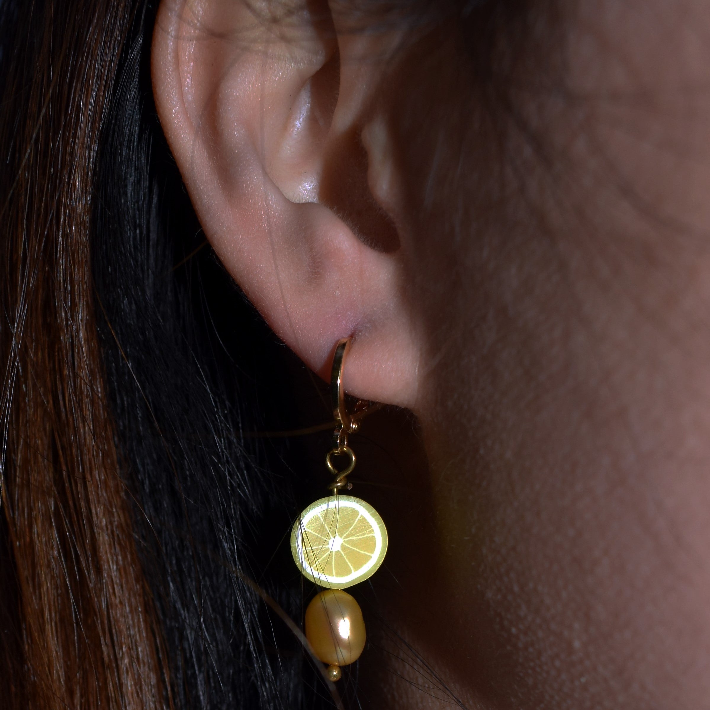Gold freshwater pearl with lemon huggie earrings| by Ifemi Jewels-2