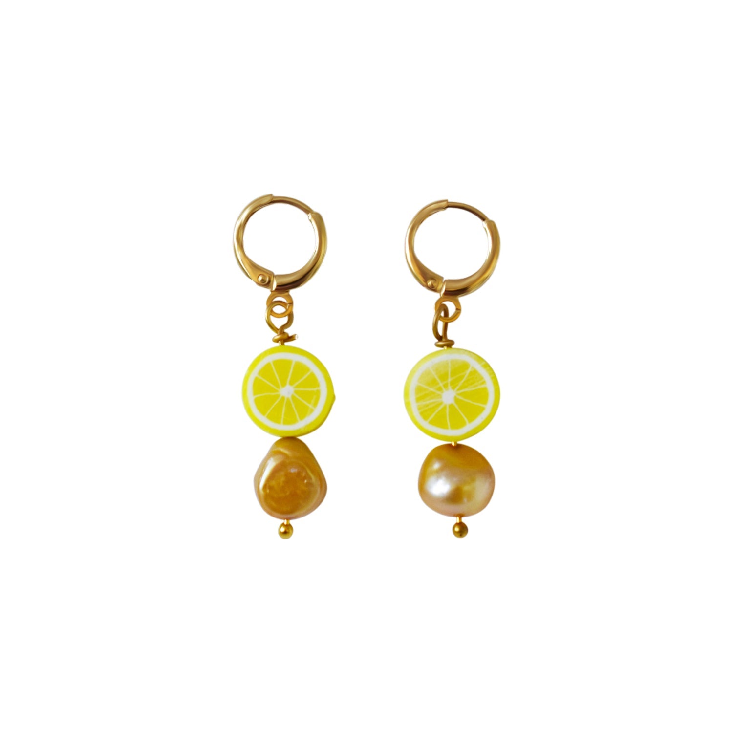 Gold freshwater pearl with lemon huggie earrings| by Ifemi Jewels-0
