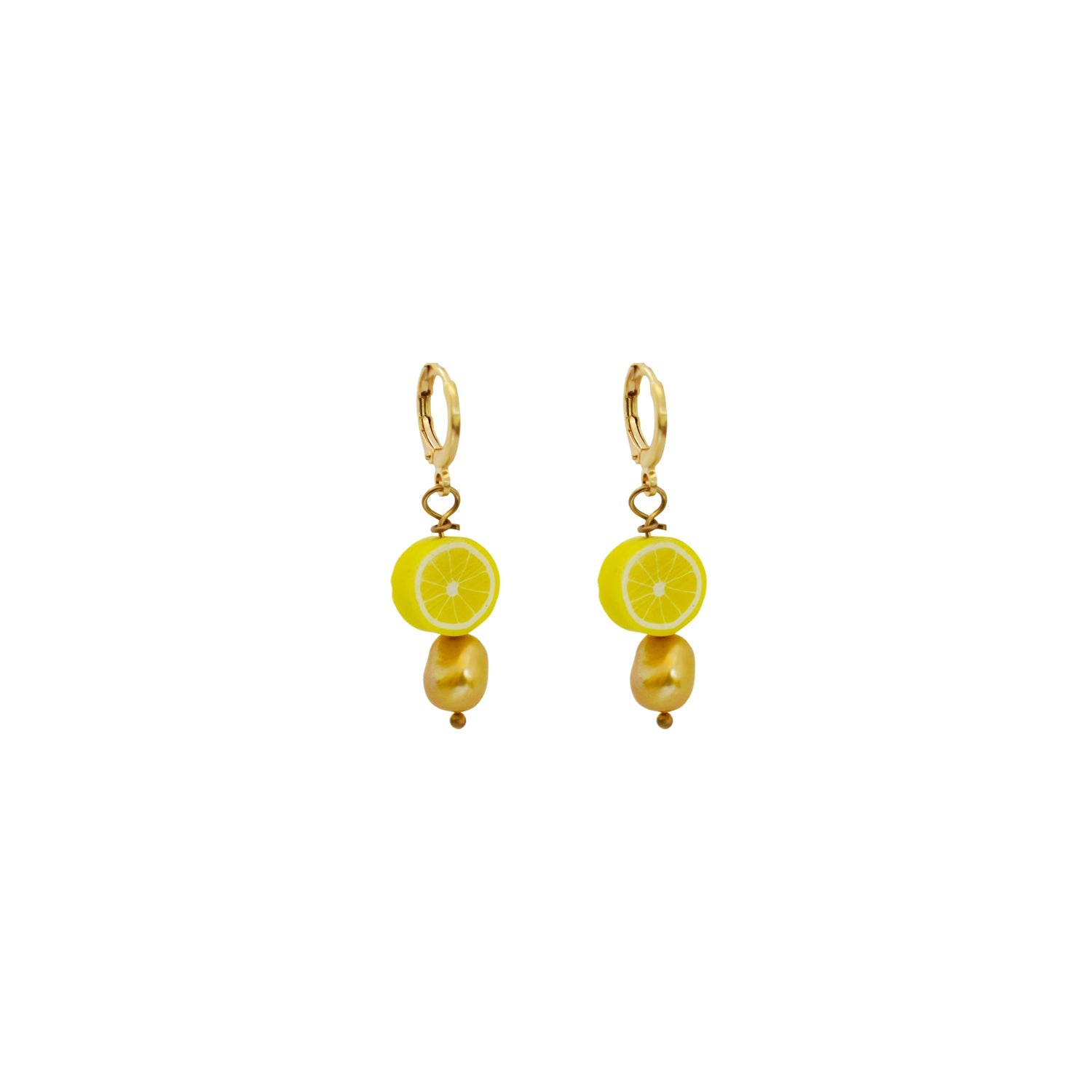 Gold freshwater pearl with lemon huggie earrings| by Ifemi Jewels-3